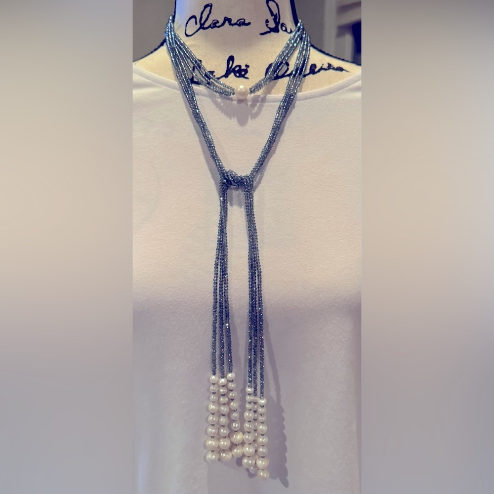 Lariat Swarovski blue beads with faux pearls can be worn multiple ways